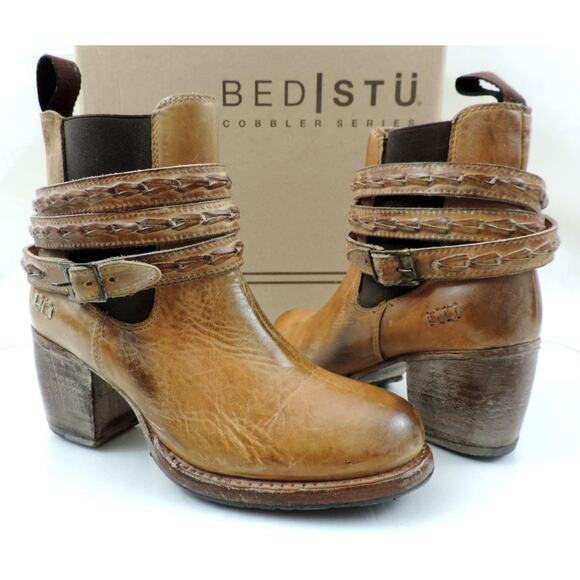 Bed Stu Lorn Belted Western Harness Ankle Heel Boots Leather Tan Rustic Size 6.5 - Picture 2 of 8